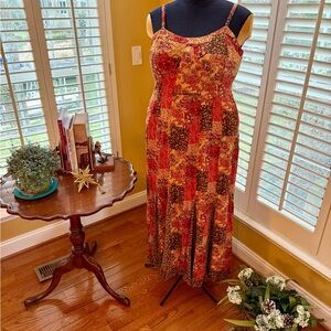 Red Patchwork Floral Midi Dress with Spaghetti Straps